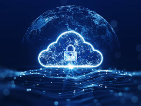 cloud computing technology concept transfer database to cloud. There is a large cloud icon that stands out in the center of the abstract world above the polygon with a dark blue background.